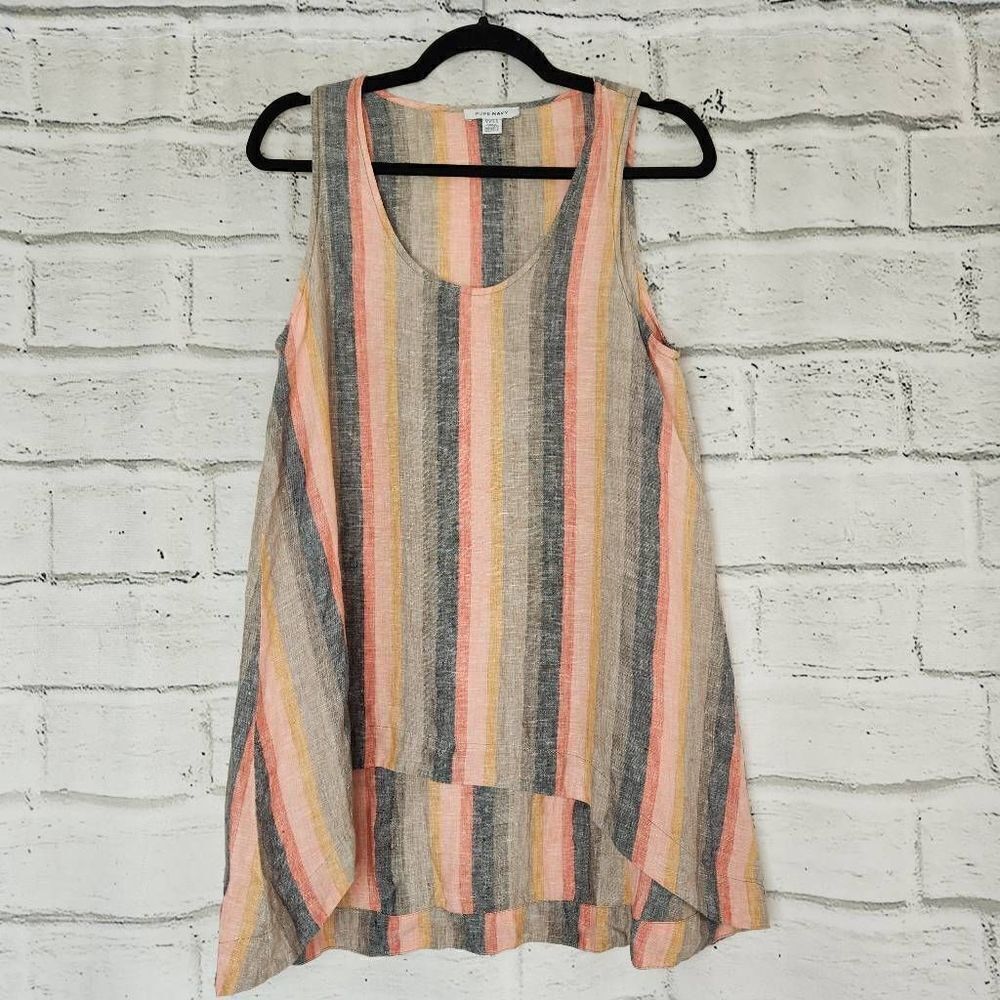 Pure Navy Sleeveless 100% Linen High Low Striped Summer Tank Top Size Small